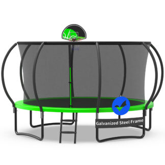 Kacho Trampoline with Enclosure Net for Kids and Adults, 1200LBS Capacity 12FT Trampoline with Basketball Hoop, Ladder, Wind Stakes, Outdoor Heavy Duty Trampoline, Green