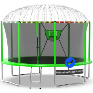 Kacho Trampoline 12FT, Trampoline with Enclosure Net, 1200LBS Trampoline with Basketball Hoop, Ball, Sprinkler, Light, Outdoor Trampoline for Adults Kids, Backyard No Gap Design Trampoline, Green