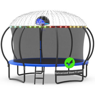 Kacho Trampoline with Enclosure Net for Kids and Adults, 1200LBS Capacity 12FT Trampoline with Basketball Hoop, Ladder, LED Lights, Sprinkler, Outdoor Heavy Duty Trampoline, Blue