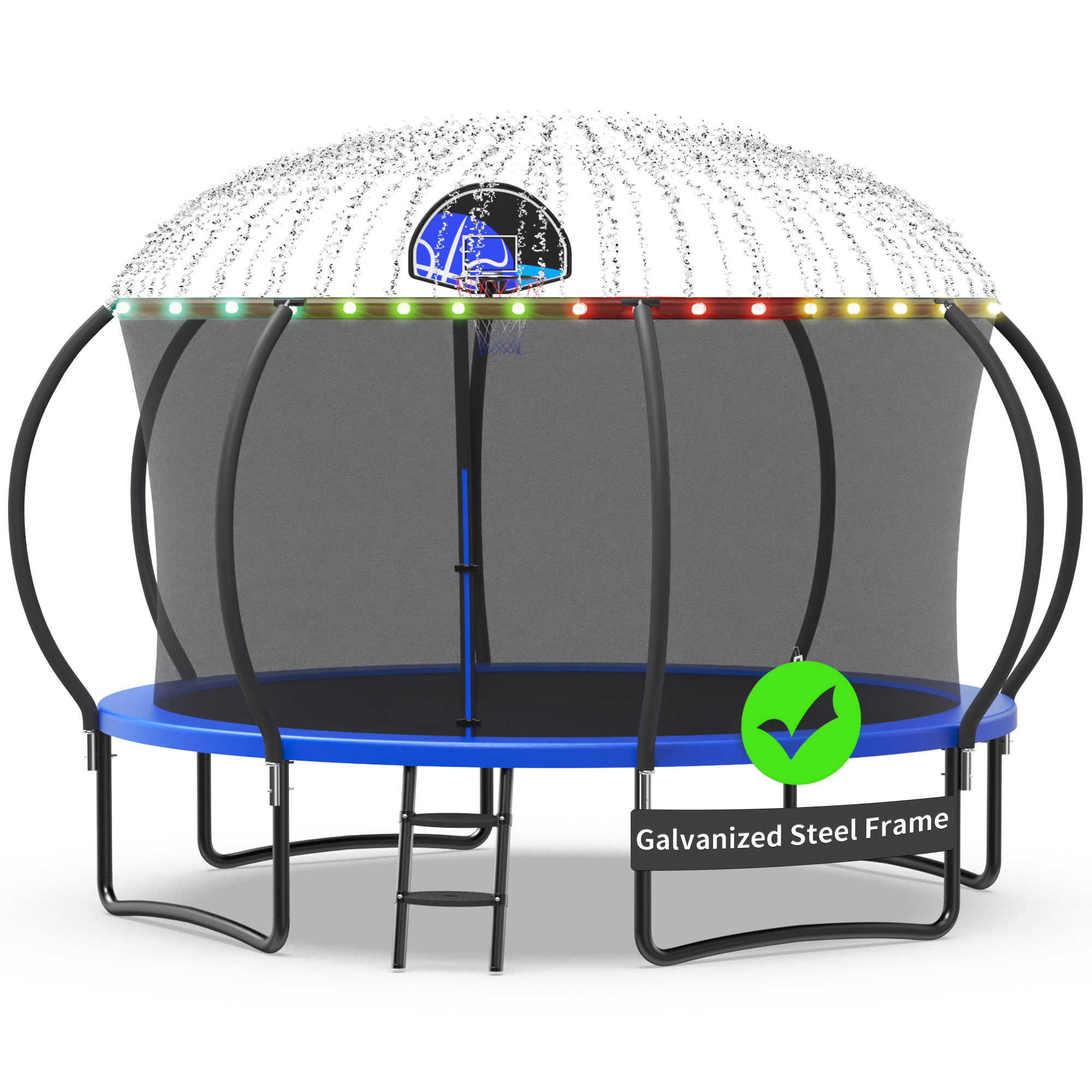 Kacho Trampoline with Enclosure Net for Kids and Adults, 1200LBS Capacity 12FT Trampoline with Basketball Hoop, Ladder, LED Lights, Sprinkler, Outdoor Heavy Duty Trampoline, Blue