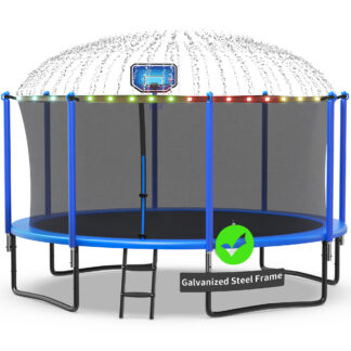 Kacho Trampoline 1200LBS 12FT Trampoline for Kids Adults, Trampoline with Basketball Hoop, Enclosure, Wind Stakes, Lights, Sprinkler and Socks, Outdoor Heavy Duty Galvanized Recreational Trampoline