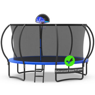 Kacho Trampoline with Enclosure Net for Kids and Adults, 1200LBS Capacity 12FT Trampoline with Basketball Hoop, Ladder, Wind Stakes, Outdoor Heavy Duty Trampoline, Blue