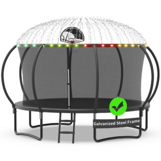 Kacho Trampoline with Enclosure Net for Kids and Adults, 1200LBS Capacity 12FT Trampoline with Basketball Hoop, Ladder, LED Lights, Sprinkler, Outdoor Heavy Duty Trampoline, Black