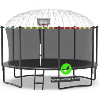 Kacho Trampoline 1200LBS 12FT Trampoline for Kids Adults, Trampoline with Basketball Hoop, Enclosure, Wind Stakes, Lights, Sprinkler and Socks, Outdoor Heavy Duty Galvanized Recreational Trampoline