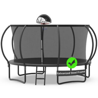 Kacho Trampoline with Enclosure Net for Kids and Adults, 1200LBS Capacity 12FT Trampoline with Basketball Hoop, Ladder, Wind Stakes, Outdoor Heavy Duty Trampoline, Black