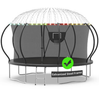 Kacho Trampoline, Trampoline with Enclosure Net 12FT 1200LBS Trampoline for 2-3 Kids and 1-2 Adults, Trampoline with Basketball Hoop, Ladder, Ball, Light, Sprinkler, Heavy Duty Trampoline, Black