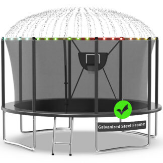Kacho Trampoline 12FT, Trampoline with Enclosure Net, 1200LBS Trampoline with Basketball Hoop, Ball, Sprinkler, Light, Outdoor Trampoline for Adults Kids, Backyard No Gap Design Trampoline, Black