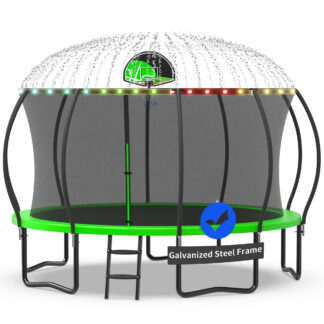 Kacho Trampoline with Enclosure Net for Kids and Adults, 1400LBS Capacity 14FT Trampoline with Basketball Hoop, Ladder, LED Lights, Sprinkler, Outdoor Heavy Duty Trampoline, Green