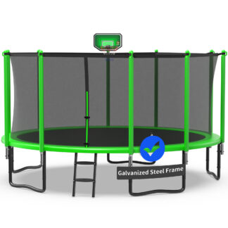 Kacho Trampoline 1400LBS 14FT Trampoline for Kids Adults, Trampoline with Basketball Hoop, Enclosure, Ladder and Wind Stakes, Outdoor Heavy Duty Galvanized Recreational Trampoline for Family