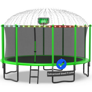 Kacho Trampoline 1400LBS 14FT Trampoline for Kids Adults, Trampoline with Basketball Hoop, Enclosure, Wind Stakes, Lights, Sprinkler and Socks, Outdoor Heavy Duty Galvanized Recreational Trampoline