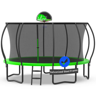 Kacho Trampoline with Enclosure Net for Kids and Adults, 1400LBS Capacity 14FT Trampoline with Basketball Hoop, Ladder, Wind Stakes, Outdoor Heavy Duty Trampoline, Green