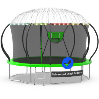 Kacho Trampoline, Trampoline with Enclosure Net 14FT 1400LBS Trampoline for 3-4 Kids and 2-3 Adults, Trampoline with Basketball Hoop, Ladder, Ball, Light, Sprinkler, Heavy Duty Trampoline, Green