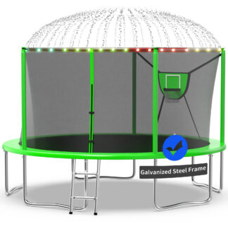 Kacho Trampoline 14FT, 1400LBS Trampoline with Enclosure Net, Basketball Hoop, Ball, Sprinkler, Light, Large Outdoor Trampoline for 1-2 Adults/ 4-5 Kids, Backyard Trampoline, No Gap Design, Green