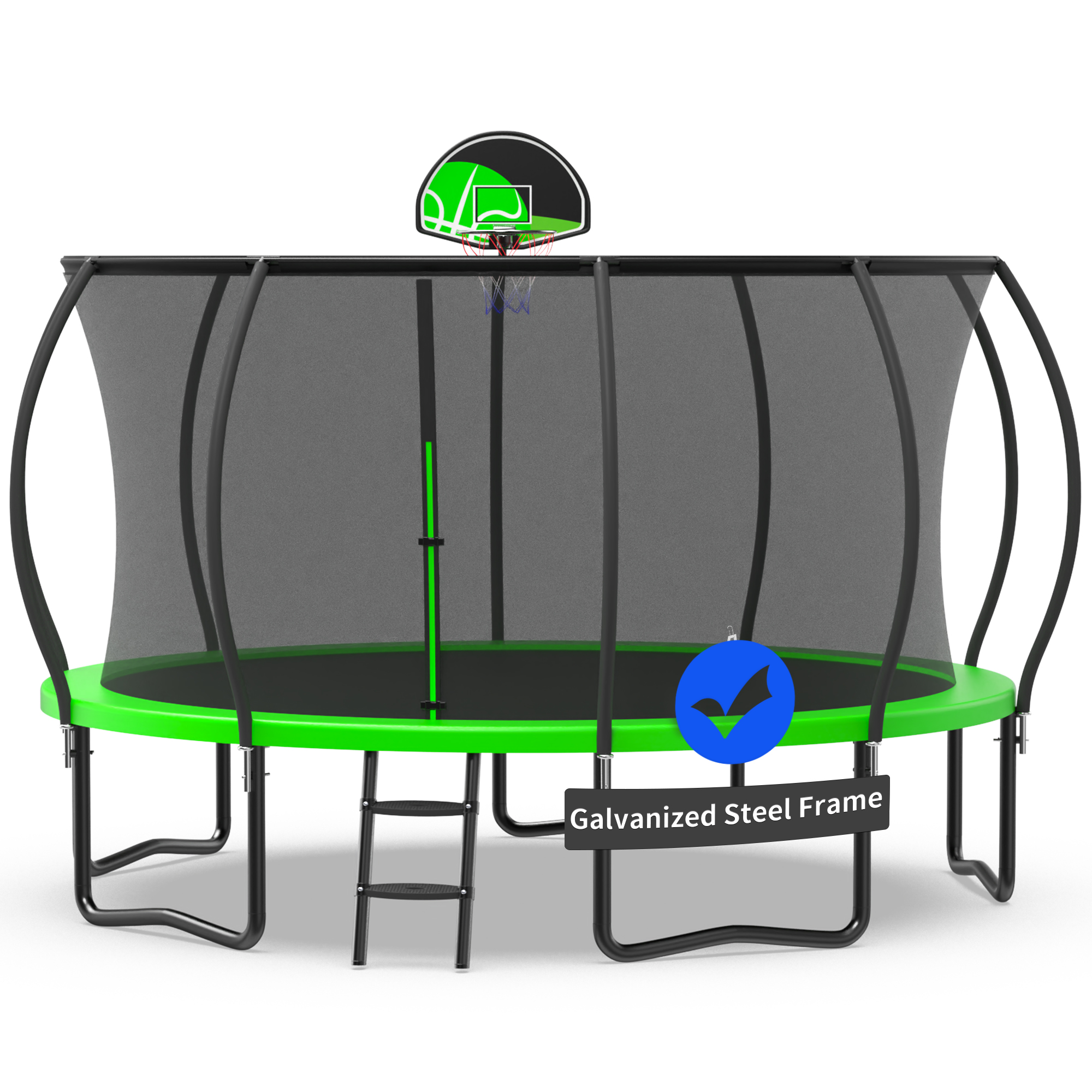 Kacho Trampoline with Enclosure Net for Kids and Adults, 1400LBS Capacity 14FT Trampoline with Basketball Hoop, Ladder, Wind Stakes, Outdoor Heavy Duty Trampoline, Green