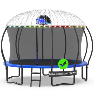 Kacho Trampoline with Enclosure Net for Kids and Adults, 1400LBS Capacity 14FT Trampoline with Basketball Hoop, Ladder, LED Lights, Sprinkler, Socks, Wind Stakes, Outdoor Heavy Duty Trampoline, Blue
