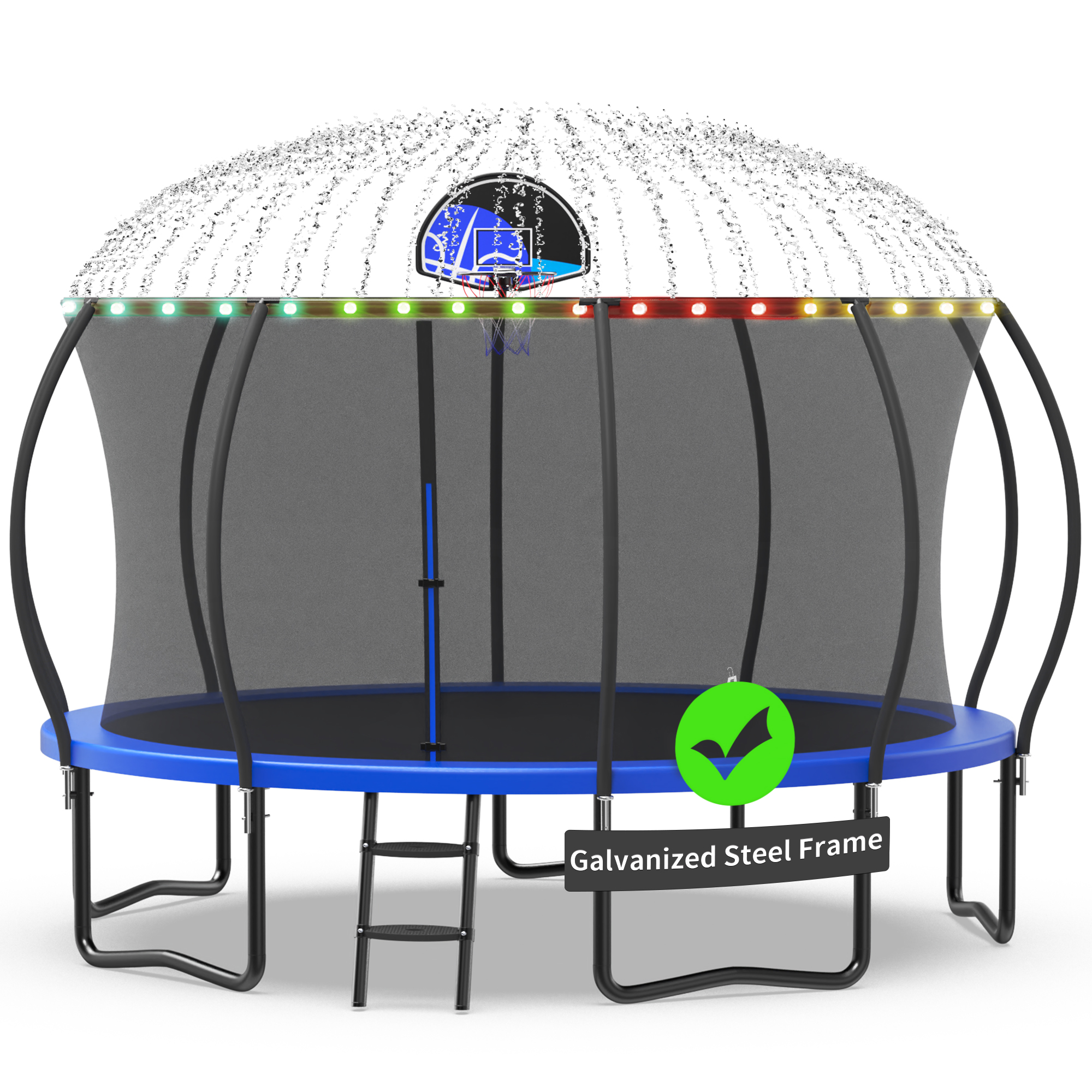Kacho Trampoline with Enclosure Net for Kids and Adults, 1400LBS Capacity 14FT Trampoline with Basketball Hoop, Ladder, LED Lights, Sprinkler, Socks, Wind Stakes, Outdoor Heavy Duty Trampoline, Blue