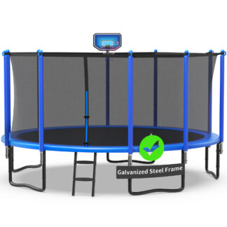 Kacho Trampoline 1400LBS 14FT Trampoline for Kids Adults, Trampoline with Basketball Hoop, Enclosure, Wind Stakes, Lights, Sprinkler and Socks, Outdoor Heavy Duty Galvanized Recreational Trampoline