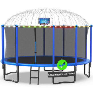 Kacho Trampoline 1400LBS 14FT Trampoline for Kids Adults, Trampoline with Basketball Hoop, Enclosure, Wind Stakes, Lights, Sprinkler and Socks, Outdoor Heavy Duty Galvanized Recreational Trampoline
