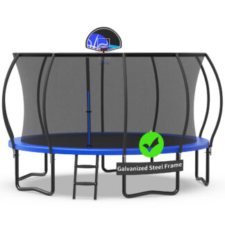 Kacho Trampoline with Enclosure Net for Kids and Adults, 1400LBS Capacity 14FT Trampoline with Basketball Hoop, Ladder, Wind Stakes, Outdoor Heavy Duty Trampoline, Blue