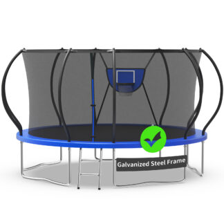 Kacho Trampoline, Trampoline with Enclosure Net 14FT 1400LBS Trampoline for 3-4 Kids and 2-3 Adults, Trampoline with Basketball Hoop and Ladder, Ball, Heavy Duty Outdoor Trampoline, Blue