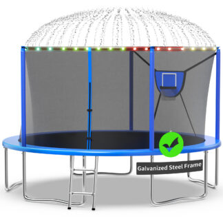 Kacho Trampoline 14FT, 1400LBS Trampoline with Enclosure Net, Basketball Hoop, Ball, Sprinkler, Light, Large Outdoor Trampoline for 1-2 Adults/ 4-5 Kids, Backyard Trampoline, No Gap Design, Blue