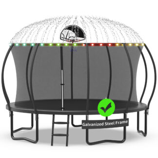Kacho Trampoline with Enclosure Net for Kids and Adults, 1400LBS Capacity 14FT Trampoline with Basketball Hoop, Ladder, LED Lights, Sprinkler, Outdoor Heavy Duty Trampoline, Black