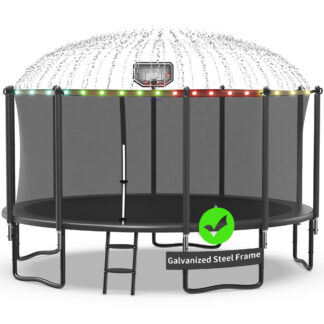 Kacho Trampoline 1400LBS 14FT Trampoline for Kids Adults, Trampoline with Basketball Hoop, Enclosure, Wind Stakes, Lights, Sprinkler and Socks, Outdoor Heavy Duty Galvanized Recreational Trampoline