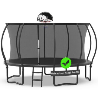 Kacho Trampoline with Enclosure Net for Kids and Adults, 1400LBS Capacity 14FT Trampoline with Basketball Hoop, Ladder, Wind Stakes, Outdoor Heavy Duty Trampoline, Black