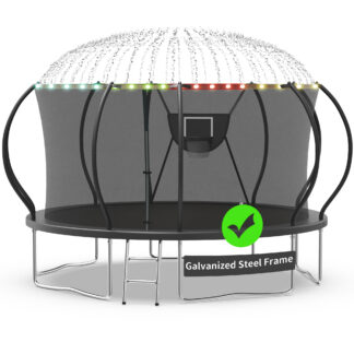 Kacho Trampoline, Trampoline with Enclosure Net 14FT 1400LBS Trampoline for 3-4 Kids and 2-3 Adults, Trampoline with Basketball Hoop, Ladder, Ball, Light, Sprinkler, Heavy Duty Trampoline, Black
