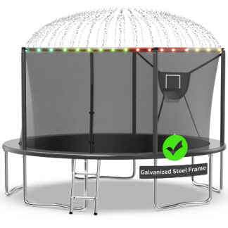 Kacho Trampoline for Kids, Trampoline 14FT 10FT 12FT 16FT, Heavy Duty Trampoline with Enclosure net, Basketball hoop, Ball, Sprinkler, Light, Ladder, Outdoor Backyard Trampoline, No gap Design Black