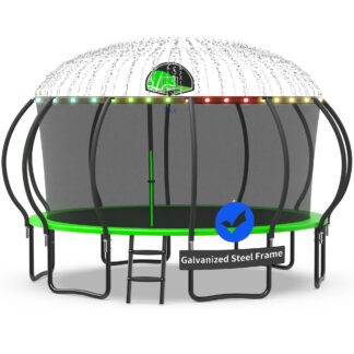 Kacho Trampoline with Enclosure Net for Kids and Adults, 1500LBS Capacity 15FT Trampoline with Basketball Hoop, Ladder, LED Lights, Sprinkler, Outdoor Heavy Duty Trampoline, Green