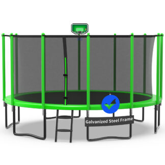 Kacho Trampoline 1500LBS 16FT Trampoline for Kids Adults, Trampoline with Basketball Hoop, Enclosure, Ladder and Wind Stakes, Outdoor Heavy Duty Galvanized Recreational Trampoline for Family