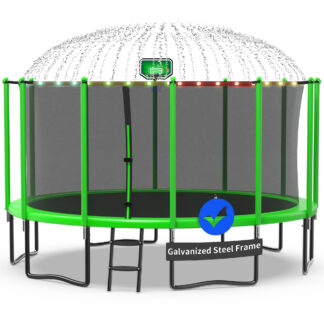 Kacho Trampoline 1500LBS 15FT Trampoline for Kids Adults, Trampoline with Basketball Hoop, Enclosure, Wind Stakes, Lights, Sprinkler and Socks, Outdoor Heavy Duty Galvanized Recreational Trampoline
