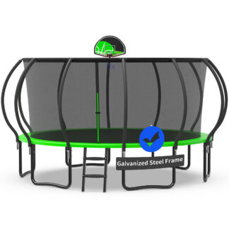 Kacho Trampoline with Enclosure Net for Kids and Adults, 1500LBS Capacity 15FT Trampoline with Basketball Hoop, Ladder, Wind Stakes, Outdoor Heavy Duty Trampoline, Green