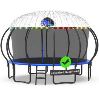 Kacho Trampoline with Enclosure Net for Kids and Adults, 1500LBS Capacity 15FT Trampoline with Basketball Hoop, Ladder, LED Lights, Sprinkler, Outdoor Heavy Duty Trampoline