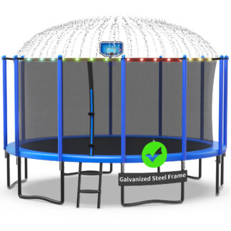 Kacho Trampoline 1500LBS 15FT Trampoline for Kids Adults, Trampoline with Basketball Hoop, Enclosure, Wind Stakes, Lights, Sprinkler and Socks, Outdoor Heavy Duty Galvanized Recreational Trampoline