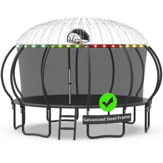 Kacho Trampoline with Enclosure Net for Kids and Adults, 1500LBS Capacity 15FT Trampoline with Basketball Hoop, Ladder, LED Lights, Sprinkler, Outdoor Heavy Duty Trampoline, Black