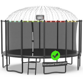 Kacho Trampoline 1500LBS 15FT Trampoline for Kids Adults, Trampoline with Basketball Hoop, Enclosure, Wind Stakes, Lights, Sprinkler and Socks, Outdoor Heavy Duty Galvanized Recreational Trampoline