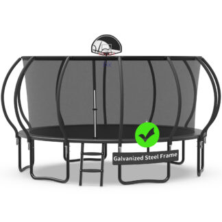 Kacho Trampoline with Enclosure Net for Kids and Adults, 1500LBS Capacity 15FT Trampoline with Basketball Hoop, Ladder, Wind Stakes, Outdoor Heavy Duty Trampoline, Black
