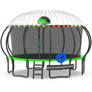 Kacho Trampoline with Enclosure Net for Kids and Adults, 1500LBS Capacity 16FT Trampoline with Basketball Hoop, Ladder, LED Lights, Sprinkler, Outdoor Heavy Duty Trampoline, Green