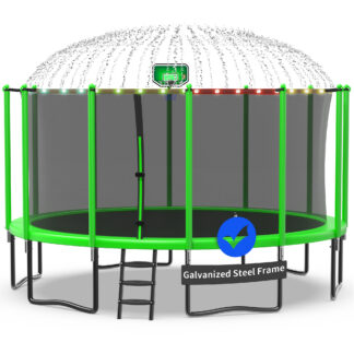 Kacho Trampoline 1500LBS 16FT Trampoline for Kids Adults, Trampoline with Basketball Hoop, Enclosure, Wind Stakes, Lights, Sprinkler and Socks, Outdoor Heavy Duty Galvanized Recreational Trampoline