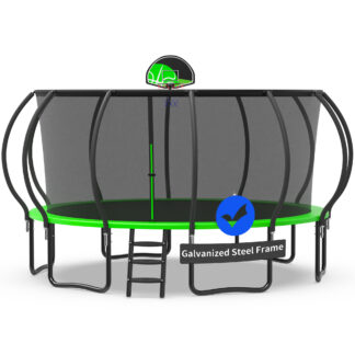 Kacho Trampoline with Enclosure Net for Kids and Adults, 1500LBS Capacity 16FT Trampoline with Basketball Hoop, Ladder, Wind Stakes, Outdoor Heavy Duty Trampoline, Green