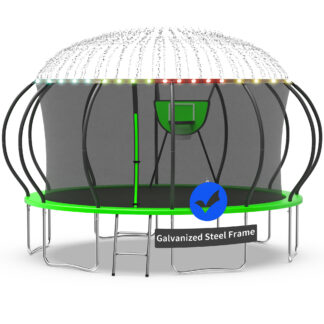 Kacho Trampoline, Trampoline with Enclosure Net 16FT 1500LBS Trampoline for 4-5 Kids and 3-4 Adults, Trampoline with Basketball Hoop, Ladder, Ball, Light, Sprinkler, Heavy Duty Trampoline, Green