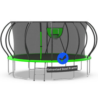 Kacho Trampoline, Trampoline with Enclosure Net 16FT 1500LBS Trampoline for 4-5 Kids and 3-4 Adults, Trampoline with Basketball Hoop and Ladder, Ball, Heavy Duty Outdoor Trampoline, Green