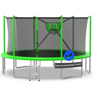 Kacho Trampoline, 16FT 1500LBS Trampoline for 5-6 Kids and 3-4 Adults, Outdoor Trampoline with Safety Enclosure Net, Basketball Hoop, Ball, No Gap Design Backyard Trampoline, Round Trampoline, Green