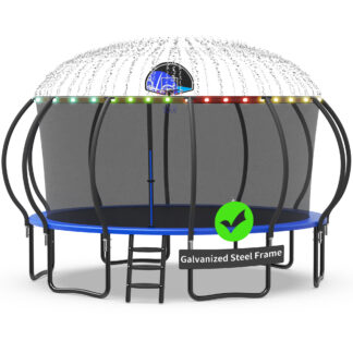 Kacho Trampoline with Enclosure Net for Kids and Adults, 1500LBS Capacity 16FT Trampoline with Basketball Hoop, Ladder, LED Lights, Sprinkler, Outdoor Heavy Duty Trampoline, Blue