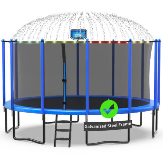 Kacho Trampoline 1500LBS 16FT Trampoline for Kids Adults, Trampoline with Basketball Hoop, Enclosure, Wind Stakes, Lights, Sprinkler and Socks, Outdoor Heavy Duty Galvanized Recreational Trampoline