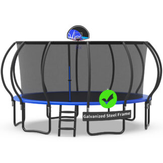 Kacho Trampoline with Enclosure Net for Kids and Adults, 1500LBS Capacity 16FT Trampoline with Basketball Hoop, Ladder, Wind Stakes, Outdoor Heavy Duty Trampoline, Blue