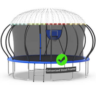 Kacho Trampoline, Trampoline with Enclosure Net 16FT 1500LBS Trampoline for 4-5 Kids and 3-4 Adults, Trampoline with Basketball Hoop, Ladder, Ball, Light, Sprinkler, Heavy Duty Trampoline, Blue