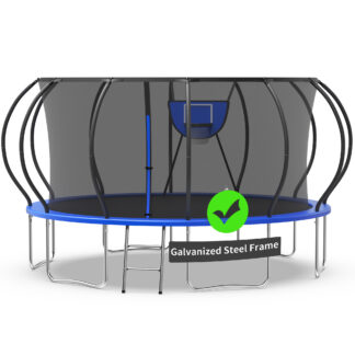 Kacho Trampoline, Trampoline with Enclosure Net 16FT 1500LBS Trampoline for 4-5 Kids and 3-4 Adults, Trampoline with Basketball Hoop and Ladder, Ball, Heavy Duty Outdoor Trampoline, Blue